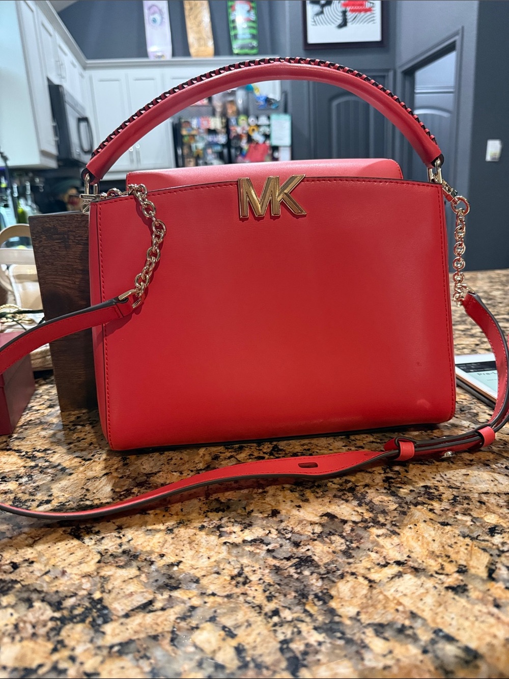 Michael Kors Dahlia Karlie Medium Leather Satchel with Gold MK Logo